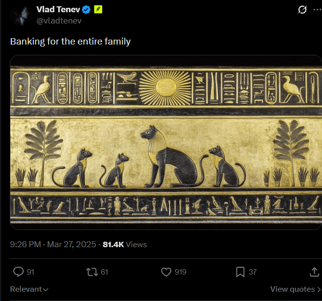 Screenshot of Vlad Tenev’s post: Banking for the entire family