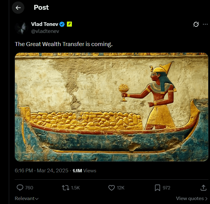 Screenshot of Vlad Tenev’s post: The Great Wealth Transfer is coming.